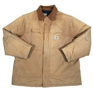 Vintage Carhartt Duck Canvas Work Jacket Tan Brown Corduroy Collar USA XL